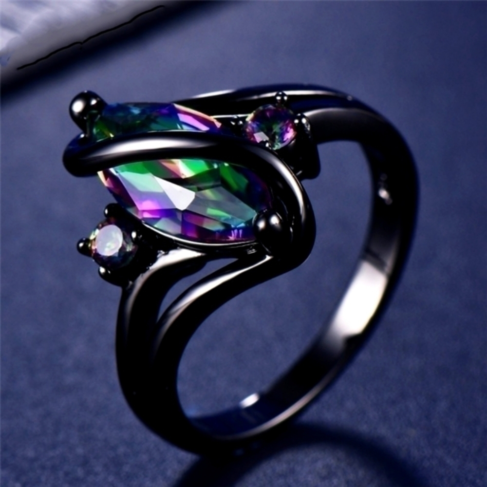 Women Marquise Cut Rainbow Fire Topaz Ring, Green or pink 14KT Black Gold Filled